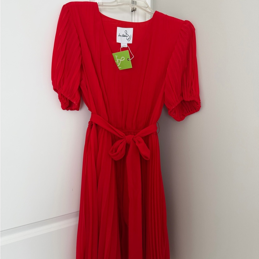 Sam Edelman Bright Red Pleated Midi Dress with Tie Waist
